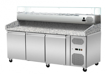 Pizza Kühlthek Granit Rosa Grau 3 Türen 203 x 80 Kühlaufsatz GN1/4 mit Glas